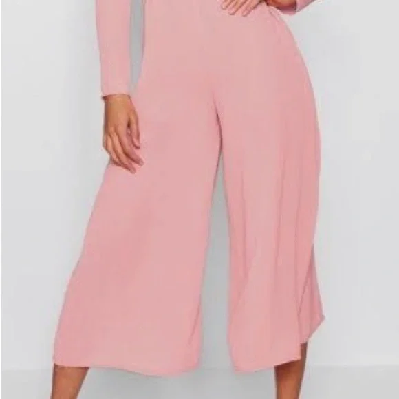 Boohoo Blush Pink Knot Front Woven Culotte Long Sleeve Wide Leg Jumpsuit - Picture 4 of 11